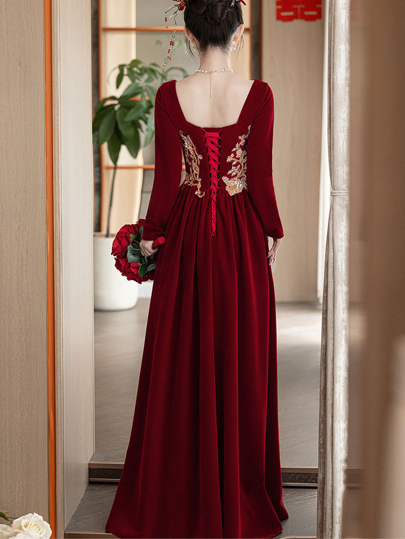 Burgundy Velvet Long Sleeve Phoenix Winter Wedding Bridal Prom Dress