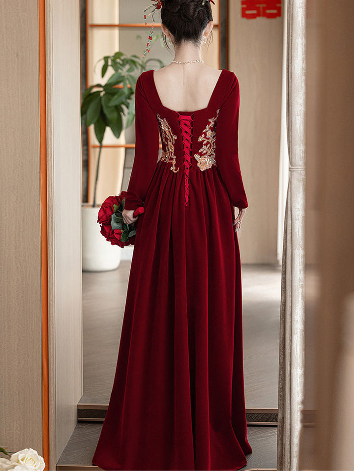 Burgundy Velvet Long Sleeve Phoenix Winter Wedding Bridal Prom Dress