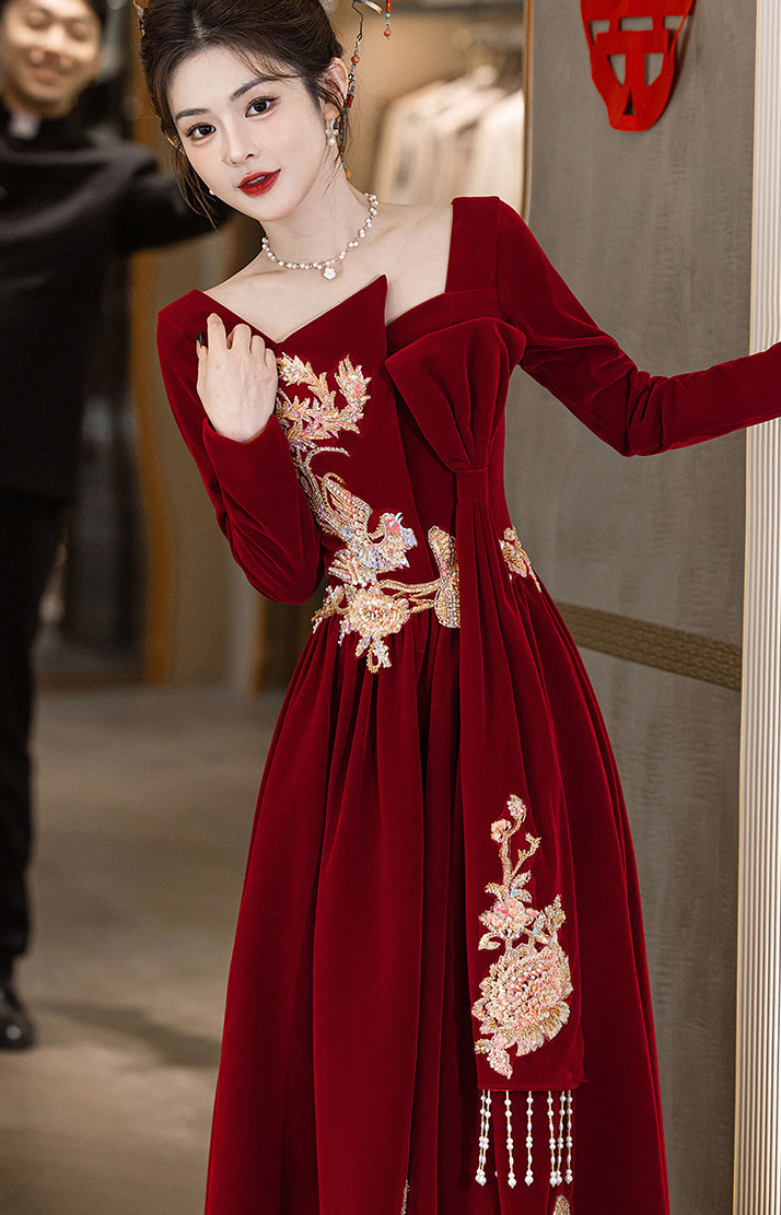Burgundy Velvet Long Sleeve Phoenix Winter Wedding Bridal Prom Dress