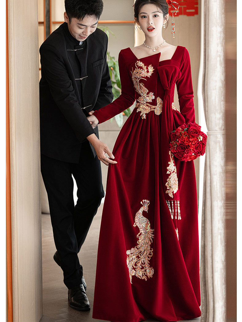 Burgundy Velvet Long Sleeve Phoenix Winter Wedding Bridal Prom Dress