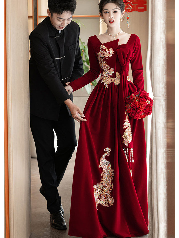 Burgundy Velvet Long Sleeve Phoenix Winter Wedding Bridal Prom Dress