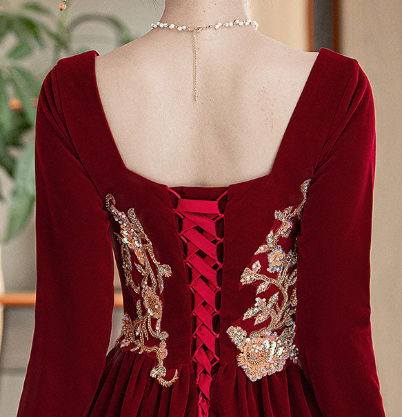 Burgundy Velvet Long Sleeve Phoenix Winter Wedding Bridal Prom Dress