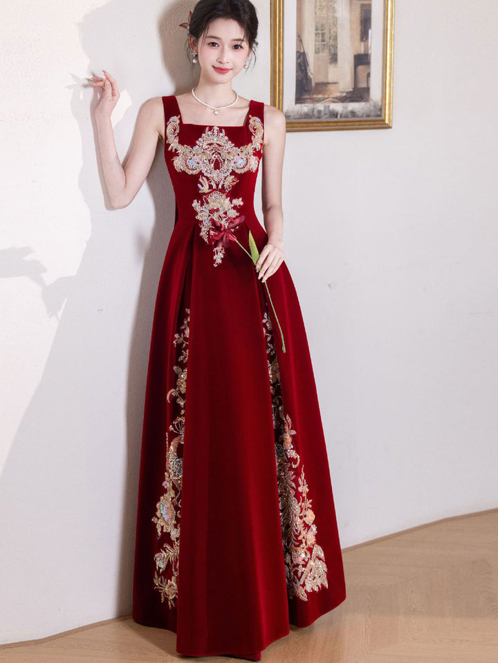Burgundy Velvet Slip Phoenix Maxi A-Line Wedding Prom Dress