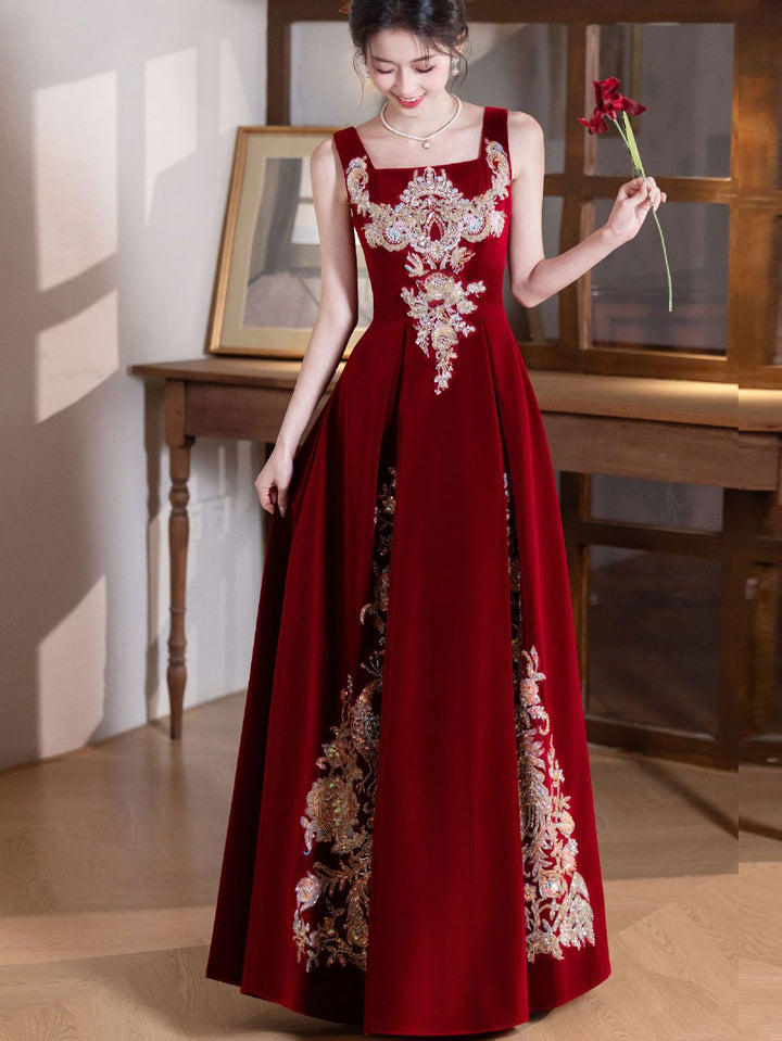 Burgundy Velvet Slip Phoenix Maxi A-Line Wedding Prom Dress