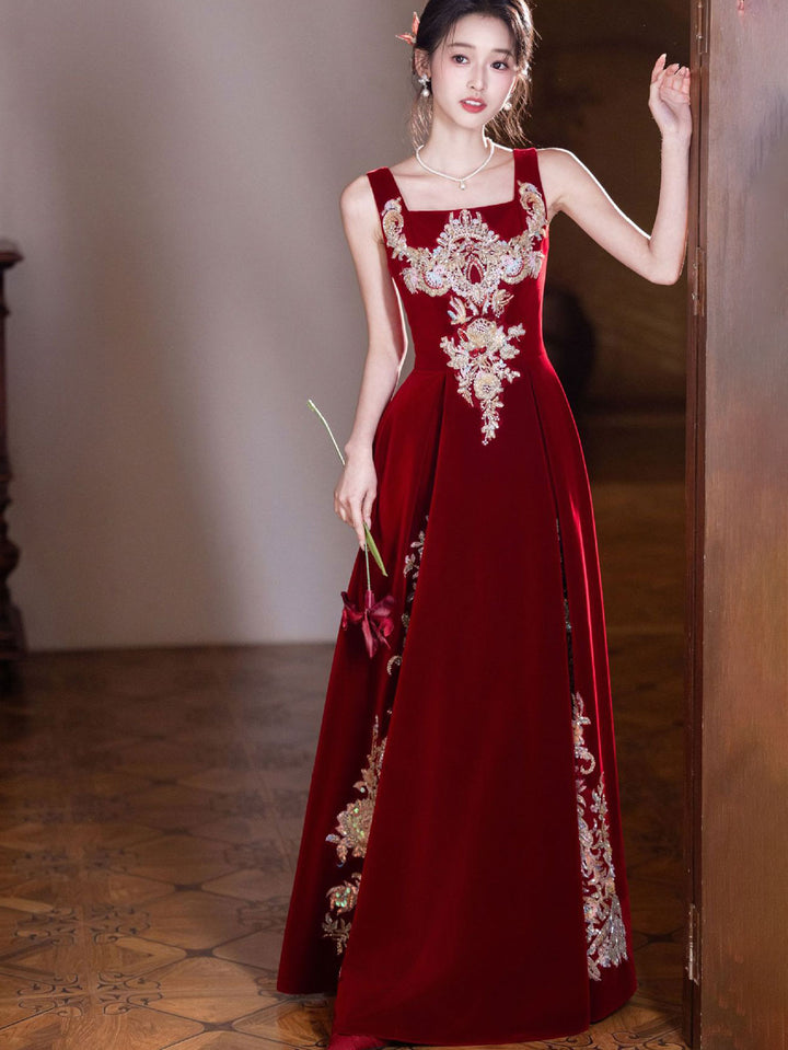 Burgundy Velvet Slip Phoenix Maxi A-Line Wedding Prom Dress