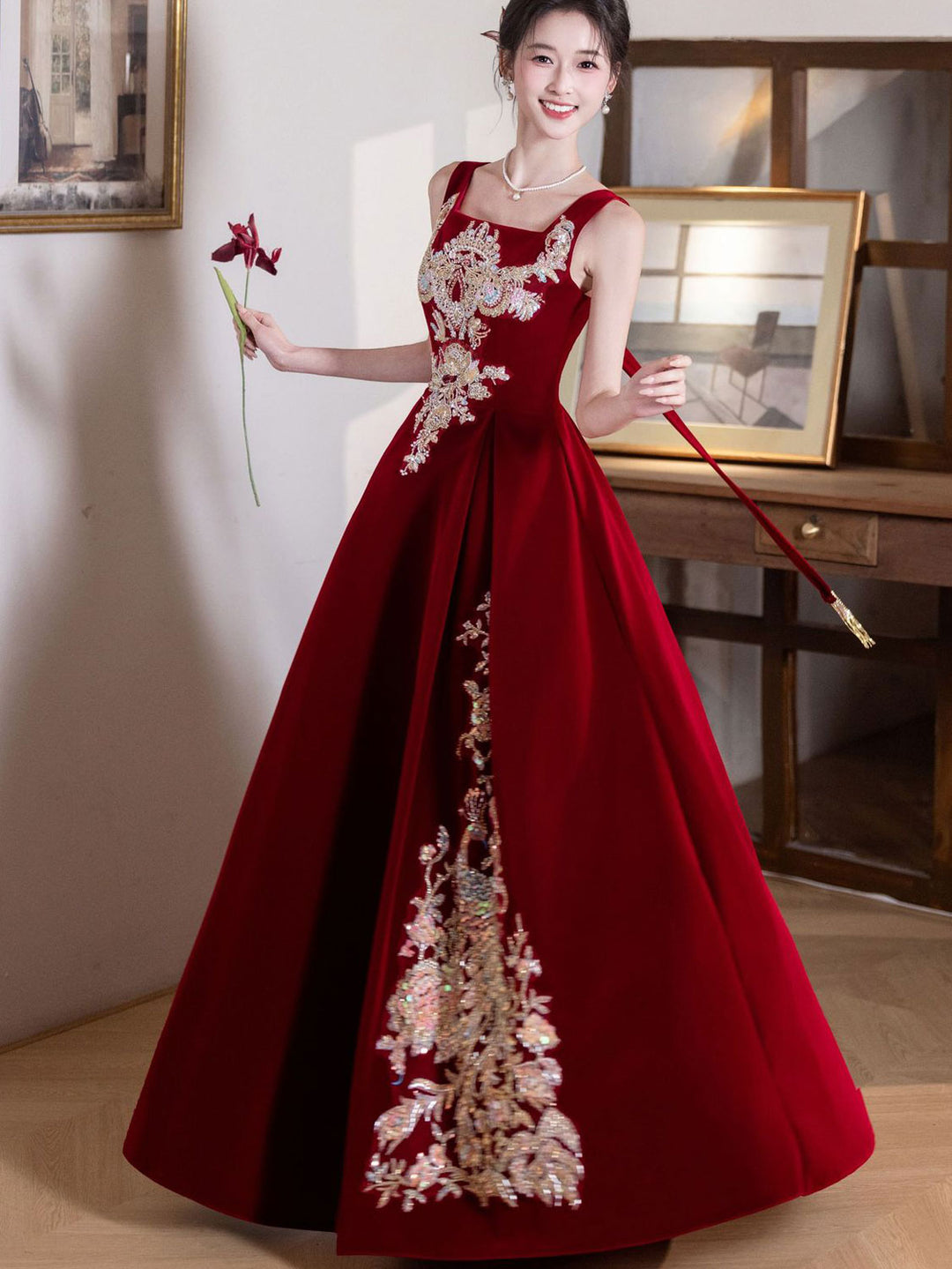 Burgundy Velvet Slip Phoenix Maxi A-Line Wedding Bridal Prom Dress