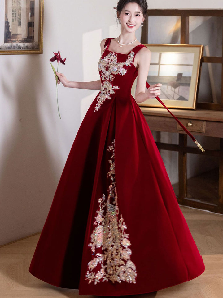 Burgundy Velvet Slip Phoenix Maxi A-Line Wedding Bridal Prom Dress