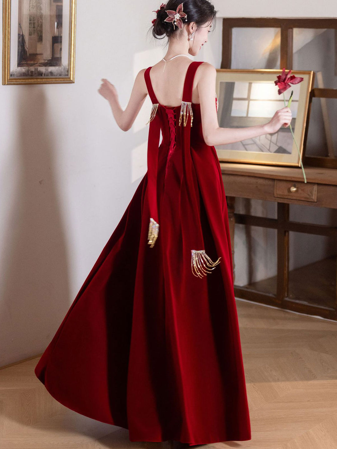 Burgundy Velvet Slip Phoenix Maxi A-Line Wedding Prom Dress