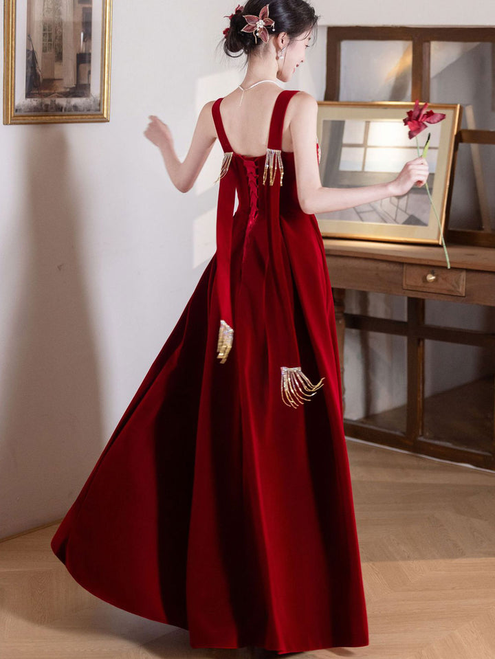 Burgundy Velvet Slip Phoenix Maxi A-Line Wedding Prom Dress