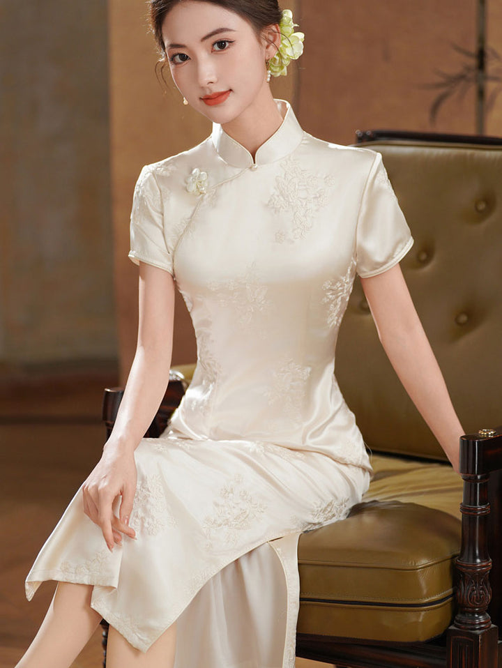 White Embroidered Satin Cheongsam Qipao Dress