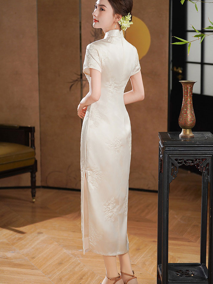 White Embroidered Satin Cheongsam Qipao Dress