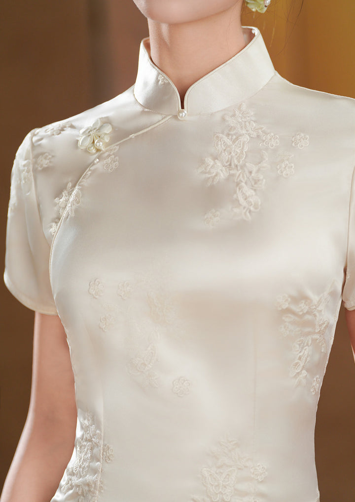 White Embroidered Satin Cheongsam Qipao Dress