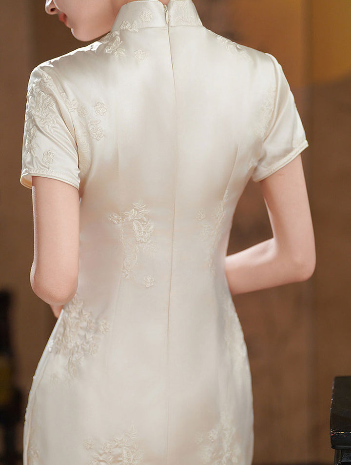 White Embroidered Satin Cheongsam Qipao Dress
