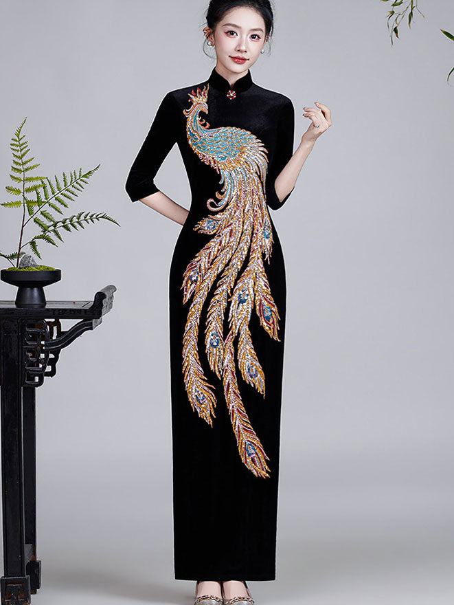 Black Red Luxury Beads Phoenix Velvet Qipao Cheongsam Prom Dress