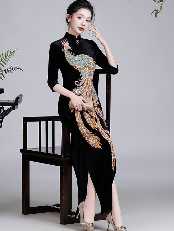Black Red Luxury Beads Phoenix Velvet Qipao Cheongsam Prom Dress
