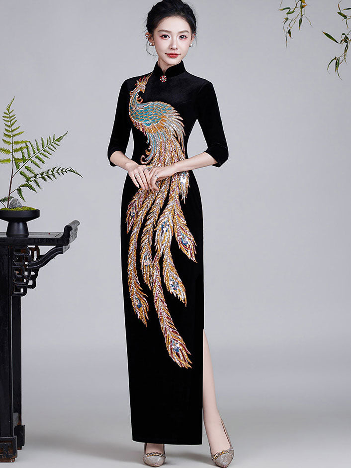 Black Red Luxury Beads Phoenix Velvet Qipao Cheongsam Prom Dress