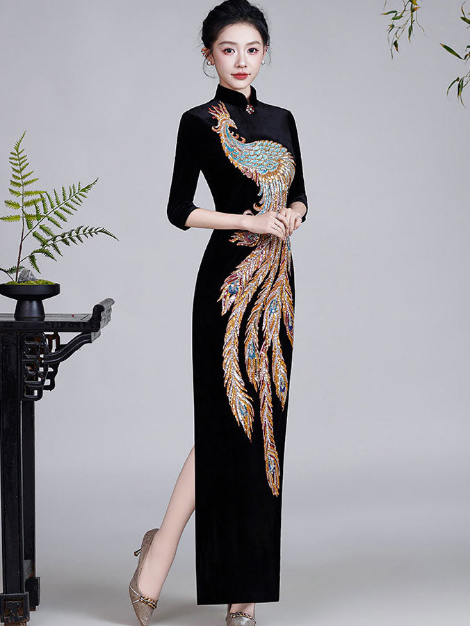 Black Red Luxury Beads Phoenix Velvet Qipao Cheongsam Prom Dress