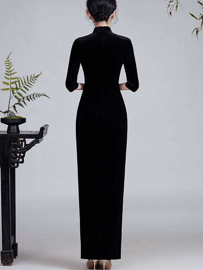 Black Red Luxury Beads Phoenix Velvet Qipao Cheongsam Prom Dress