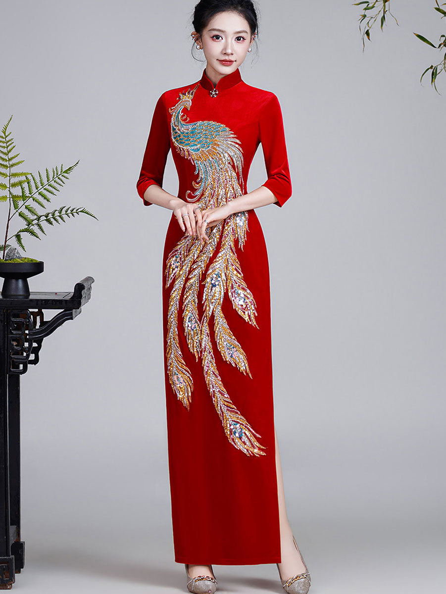 Black Red Luxury Beads Phoenix Velvet Qipao Cheongsam Prom Dress