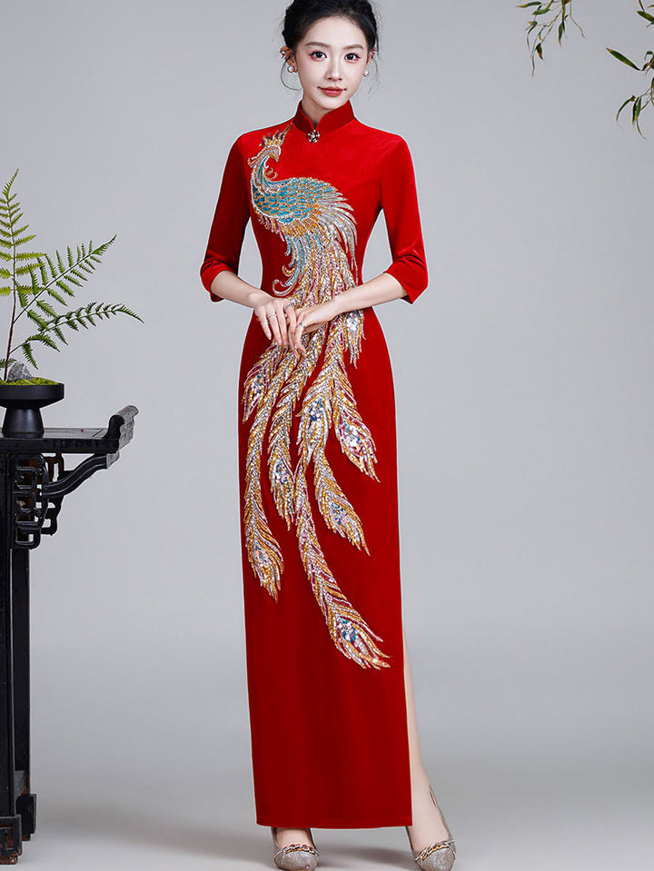 Black Red Luxury Beads Phoenix Velvet Qipao Cheongsam Prom Dress