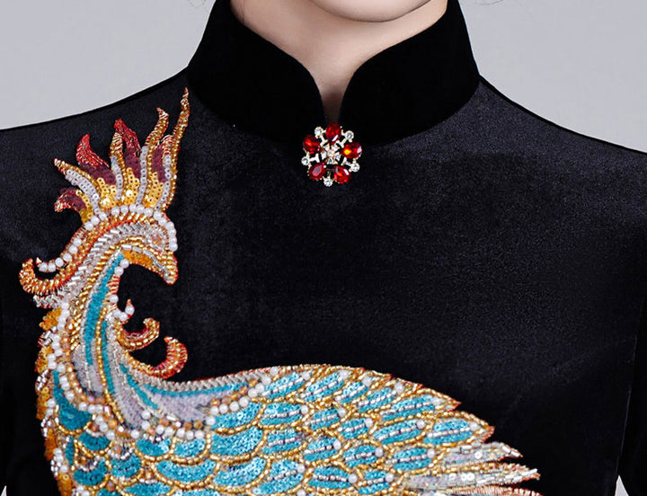 Black Red Luxury Beads Phoenix Velvet Qipao Cheongsam Prom Dress
