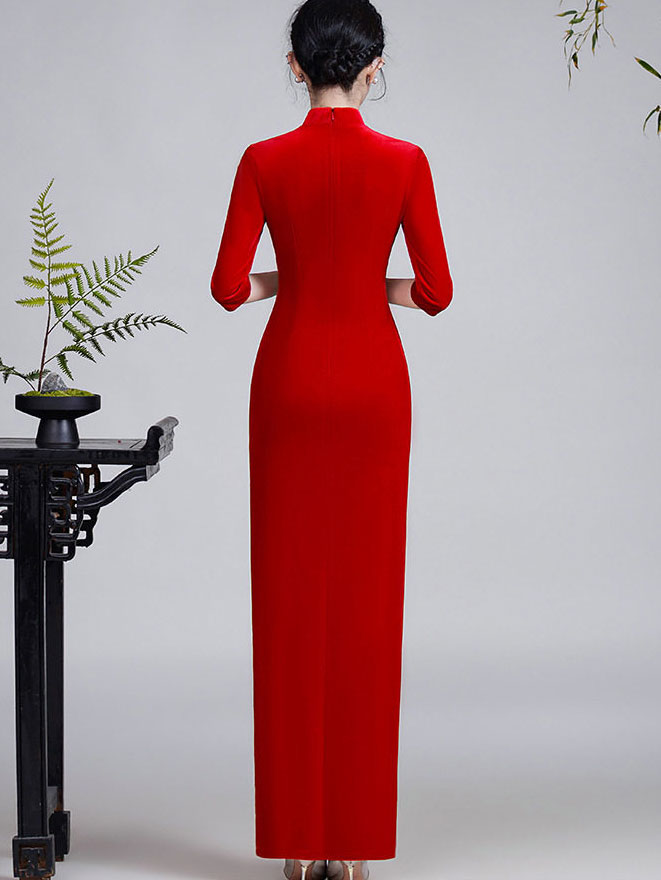 Black Red Luxury Beads Phoenix Velvet Qipao Cheongsam Prom Dress