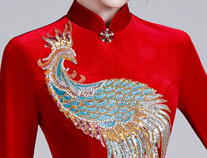 Black Red Luxury Beads Phoenix Velvet Qipao Cheongsam Prom Dress