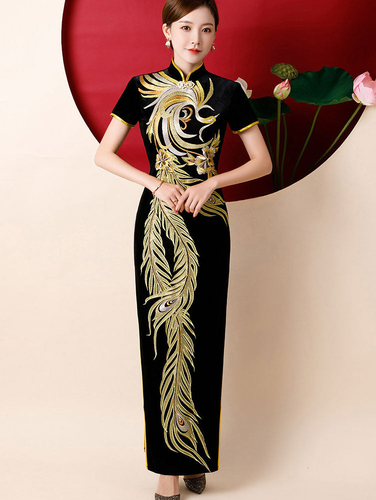 Black Embroidered Phoenix Velvet Qipao Cheongsam Prom Dress