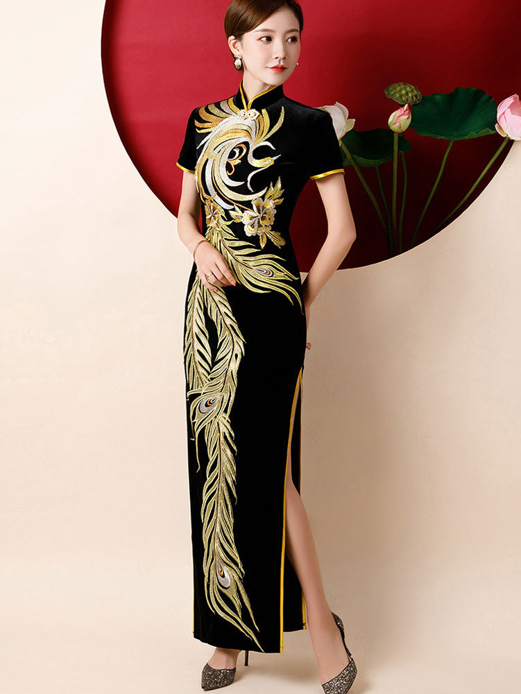 Black Embroidered Phoenix Velvet Qipao Cheongsam Prom Dress