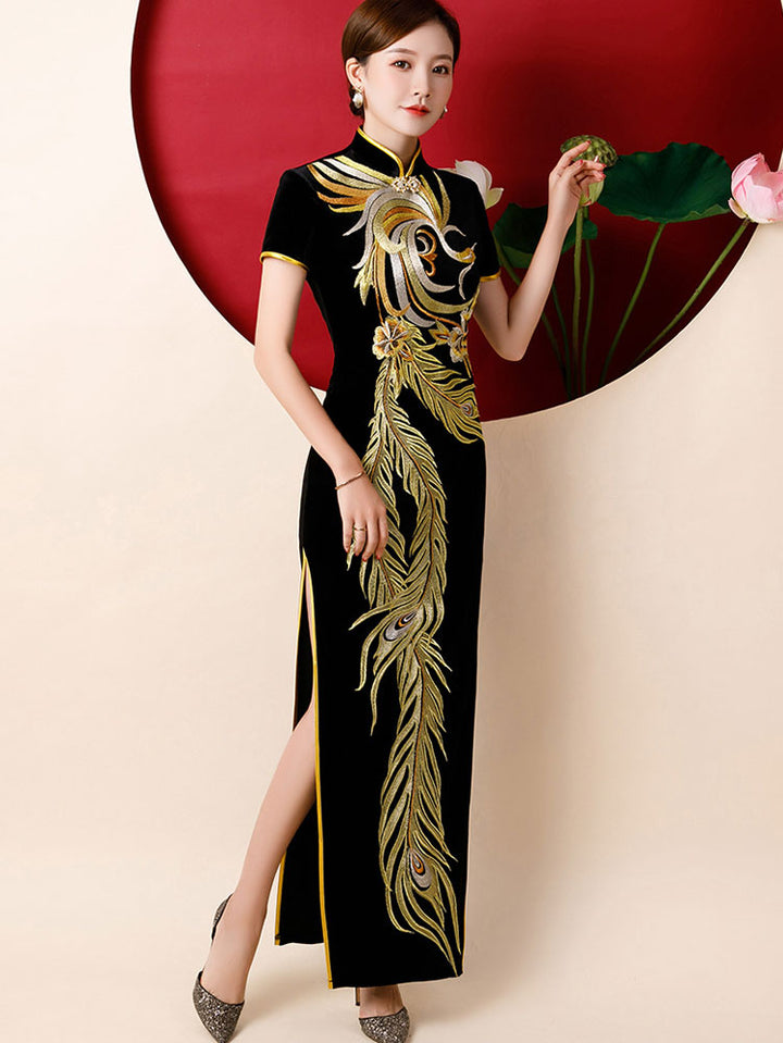 Black Embroidered Phoenix Velvet Qipao Cheongsam Prom Dress