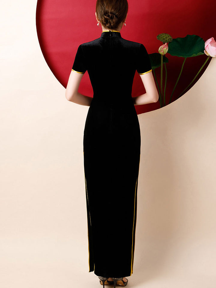 Black Embroidered Phoenix Velvet Qipao Cheongsam Prom Dress