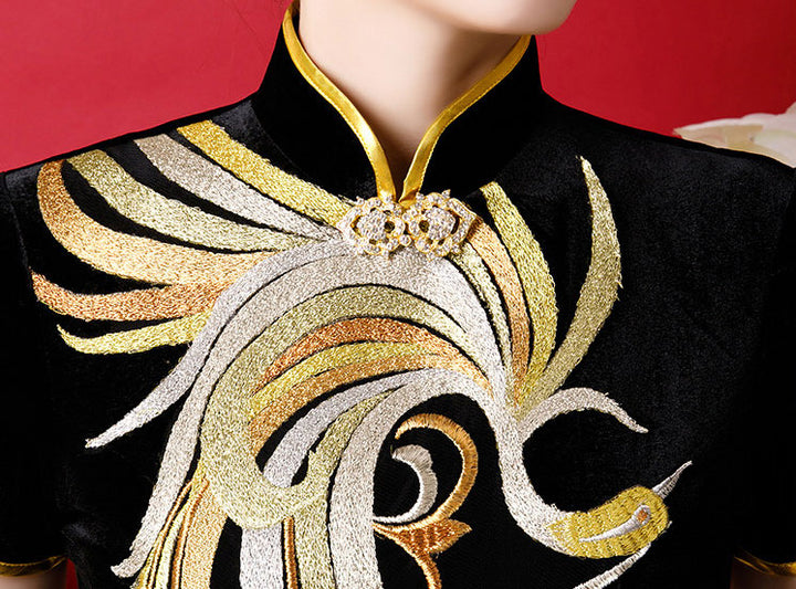 Black Embroidered Phoenix Velvet Qipao Cheongsam Prom Dress