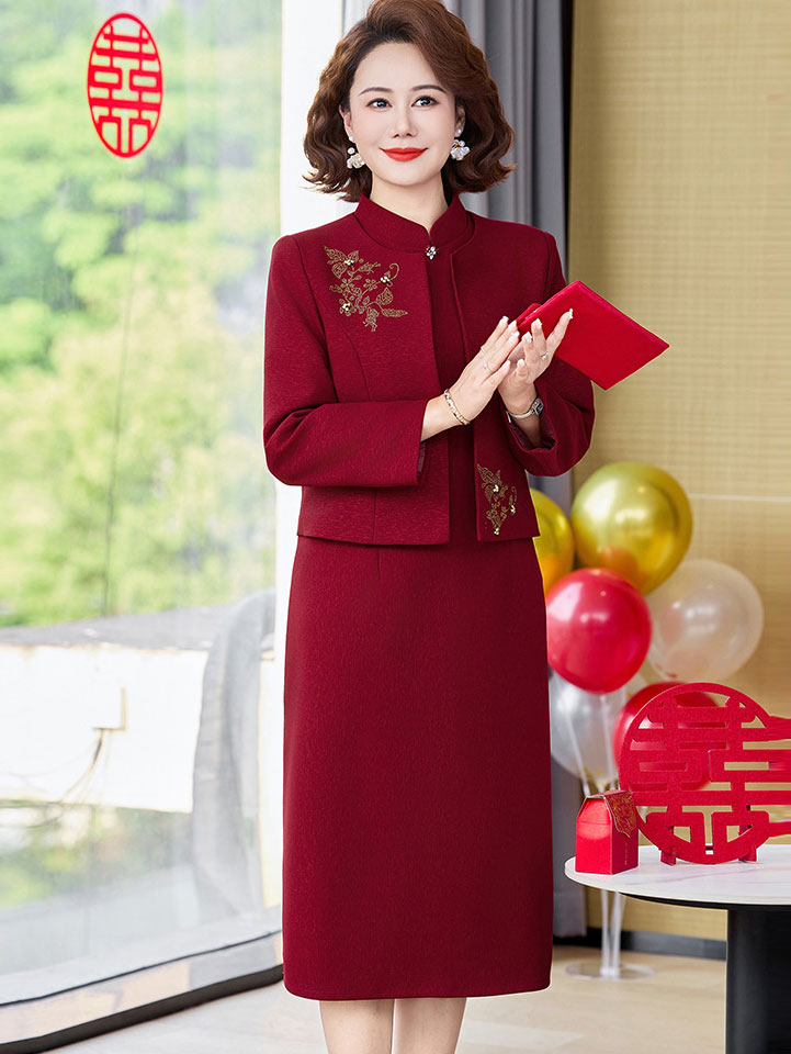 2 Piece Burgundy Bridal Mothers Wedding Cheongsam Dress & Jacket