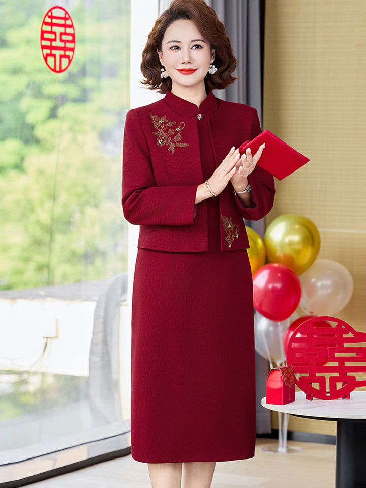 2 Piece Burgundy Bridal Mothers Wedding Cheongsam Dress & Jacket