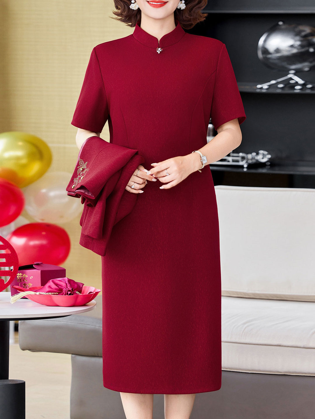 2 Piece Burgundy Bridal Mothers Wedding Cheongsam Dress & Jacket
