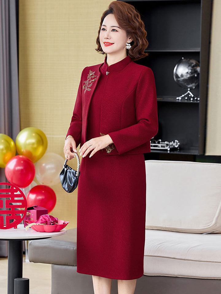 2 Piece Burgundy Bridal Mothers Wedding Cheongsam Dress & Jacket