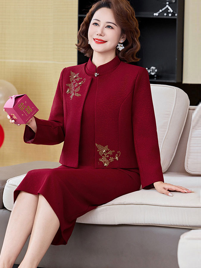 2 Piece Burgundy Bridal Mothers Wedding Cheongsam Dress & Jacket