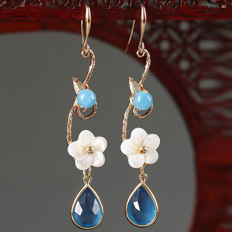 Blue Glass Dangle Drop Clip On Non Pierced Earrings