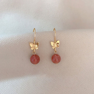 Glazed Butterfly Strawberry Quartz Drop Dangle Earrings