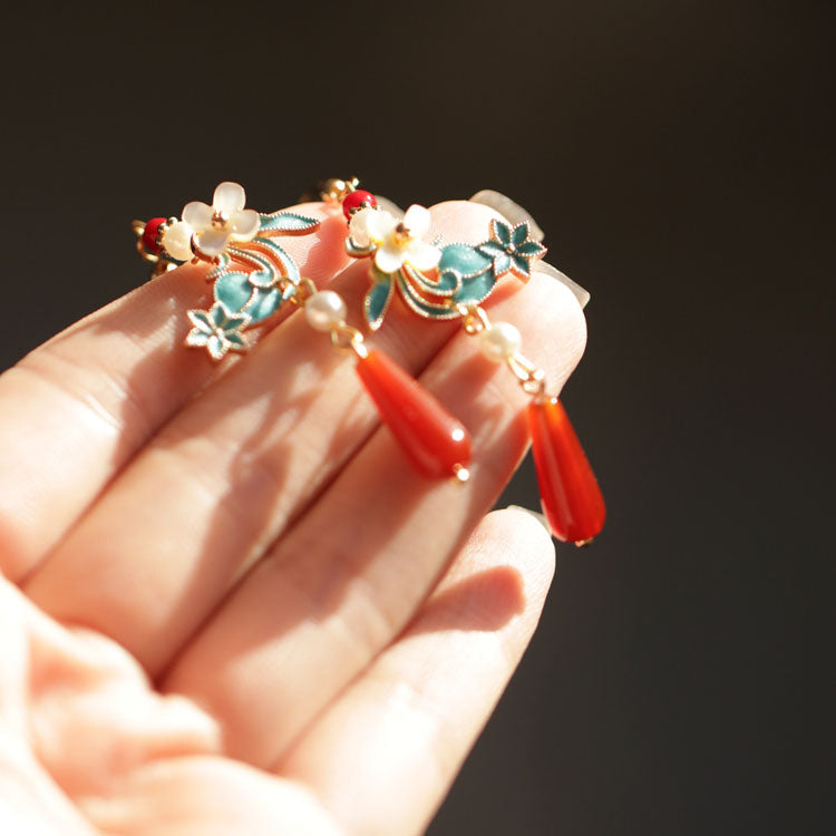 Vintage Pearl Agate Drop Cheongsam Dangle Earrings
