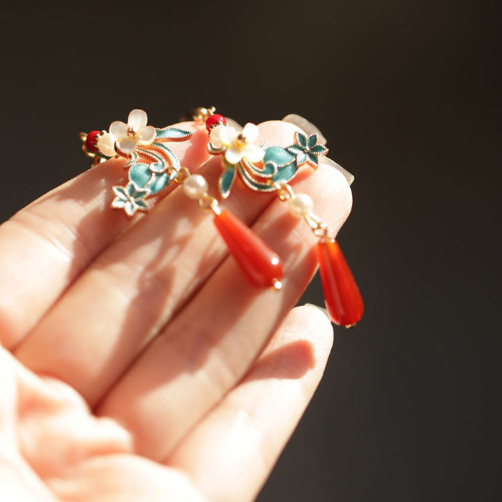 Vintage Pearl Agate Drop Cheongsam Dangle Earrings