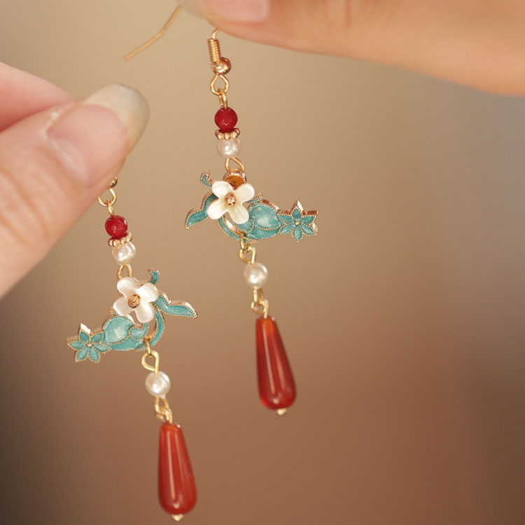 Vintage Pearl Agate Drop Cheongsam Dangle Earrings