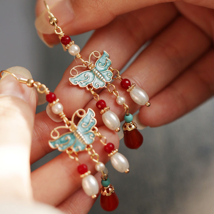 Vintage Pearl Agate Drop Cheongsam Dangle Earrings