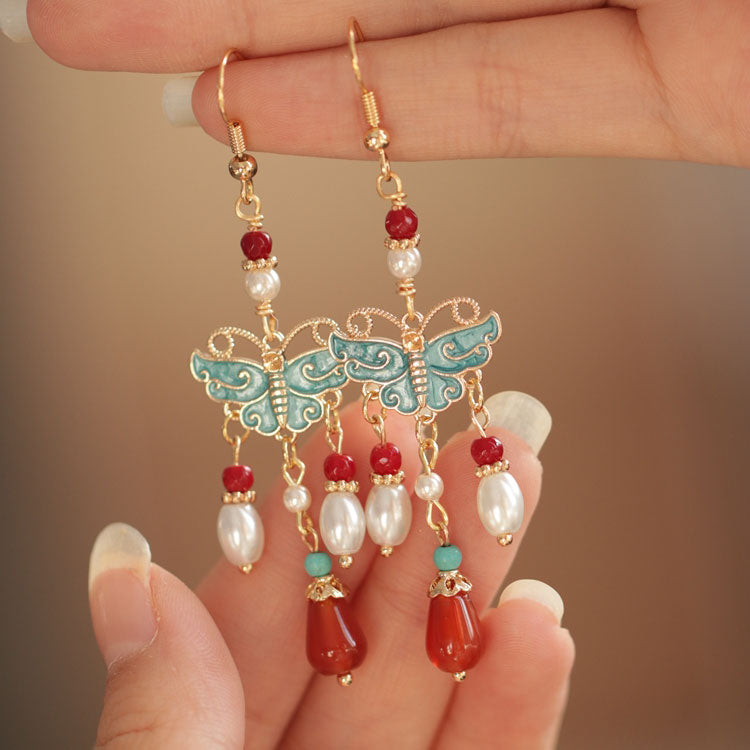 Vintage Pearl Agate Drop Cheongsam Dangle Earrings