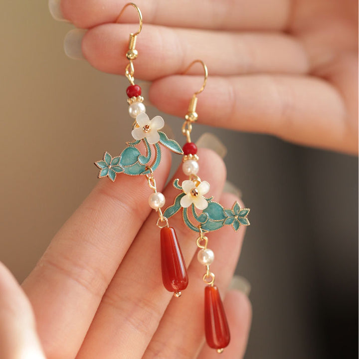 Vintage Pearl Agate Drop Cheongsam Dangle Earrings