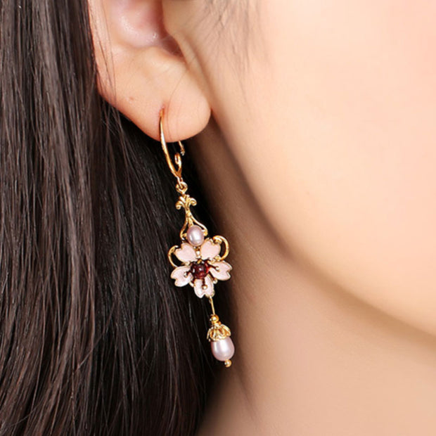 Pink Flower Non Pierced Clip-on Hook Drop Dangle Earrings