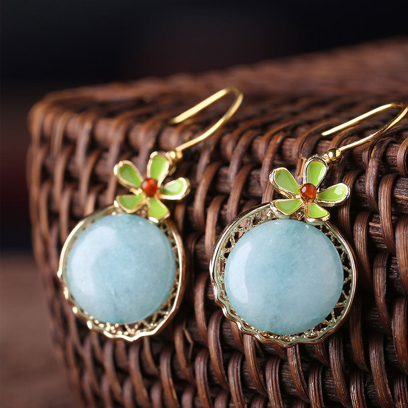 Jade Flower Drop Dangle Non Pierced Clip-on Hook Earrings