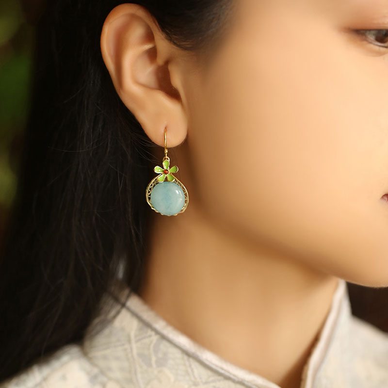 Jade Flower Drop Dangle Non Pierced Clip-on Hook Earrings