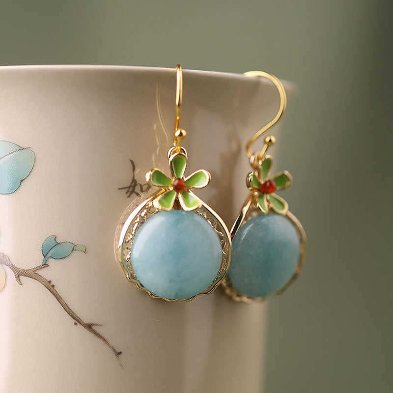 Jade Flower Drop Dangle Non Pierced Clip-on Hook Earrings
