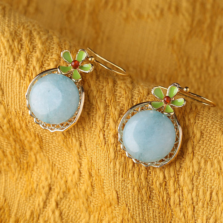 Jade Flower Drop Dangle Non Pierced Clip-on Hook Earrings